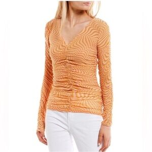 Circus NY by Sam Edelman Psychedelic Mesh V-Neck Ruched Top Orange Pink Large